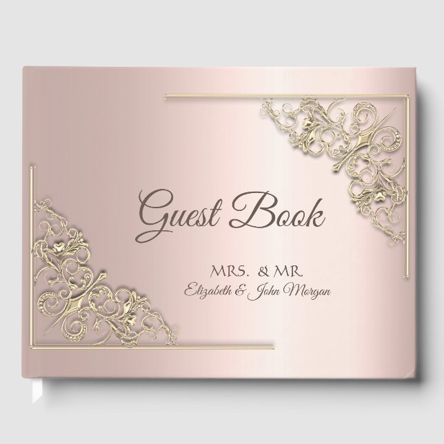 Elegant Gold Frame Rose Gold Wedding Guest Book (Front)