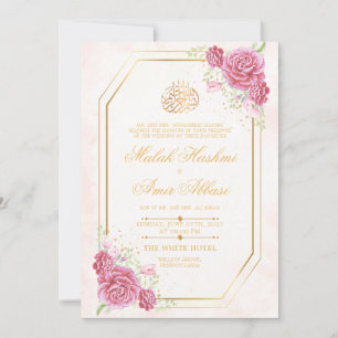 Elegant Gold Frame Roses Islamic Muslim Wedding Invitation