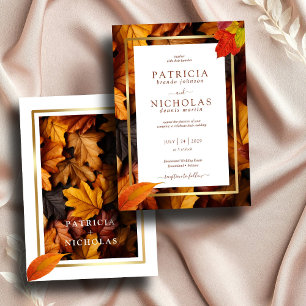 Elegant Gold Frame & Rustic Autumn Charm Wedding   Invitation