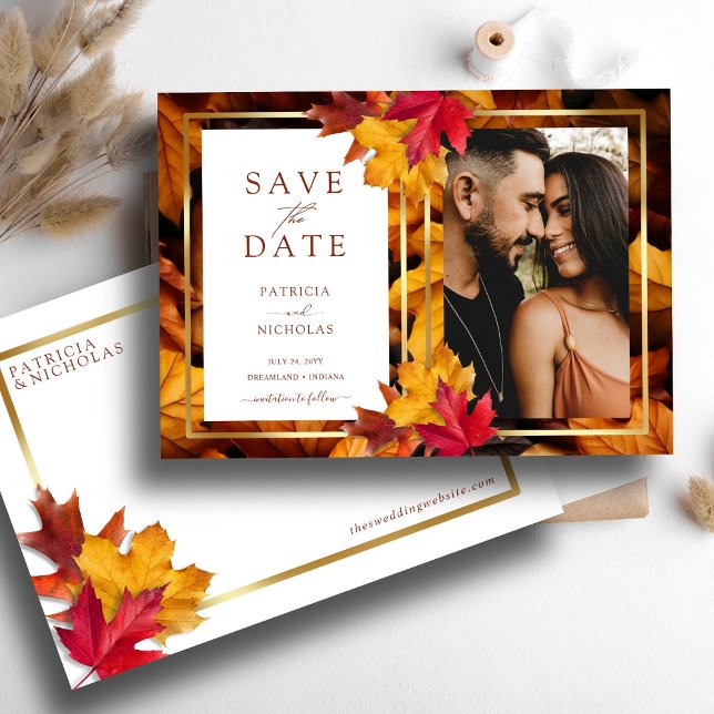Elegant Gold Frame & Rustic Autumn Charm Wedding Save The Date (Creator Uploaded)