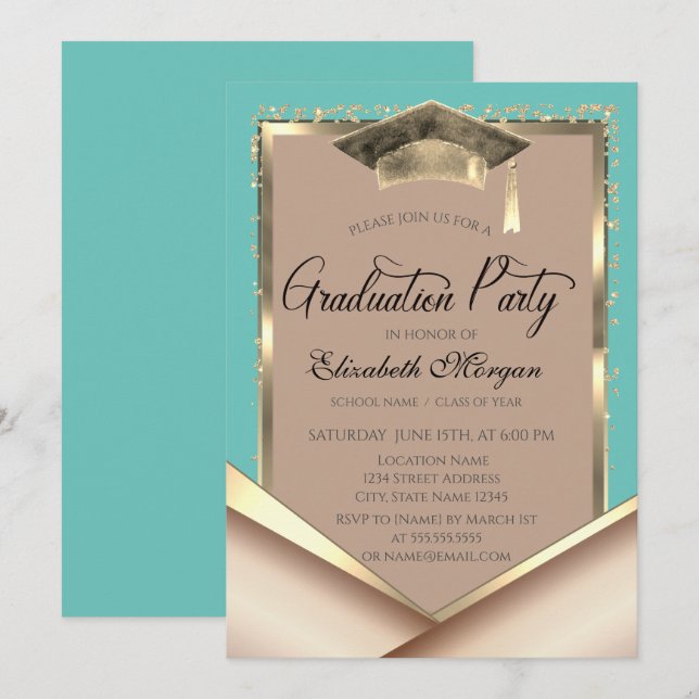 Elegant Gold Frame Sequins Mint Green Graduation Invitation (Front/Back)