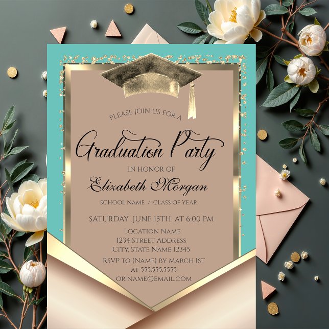 Elegant Gold Frame Sequins Mint Green Graduation Invitation (Creator Uploaded)