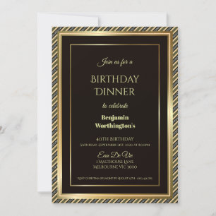 Elegant Gold Frame Striped 40th Birthday Dinner Invitation