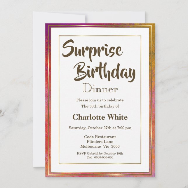 Elegant Gold Frame Surprise 50th Birthday Dinner Invitation (Front)