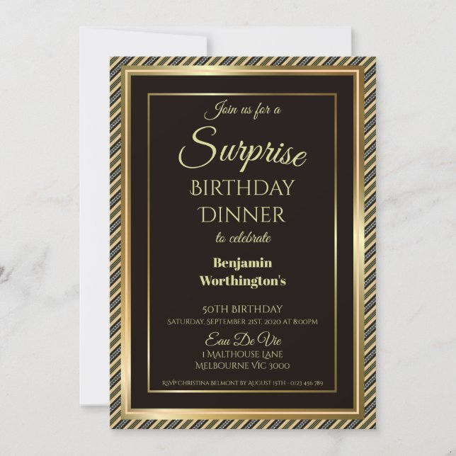 Elegant Gold Frame Surprise 50th Birthday Dinner Invitation (Front)