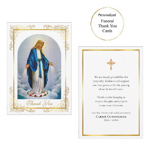 Elegant Gold Frame Virgin Mary Roses Funeral       Thank You Card