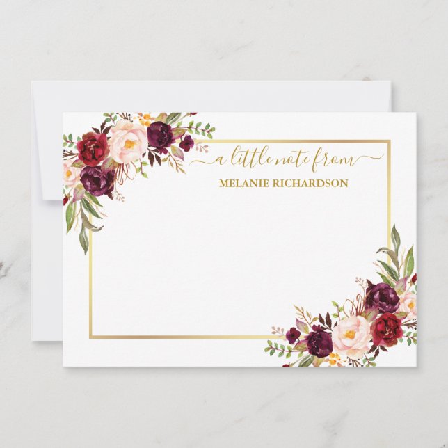 Elegant Gold Frame Watercolor Burgundy Floral Card (Front)