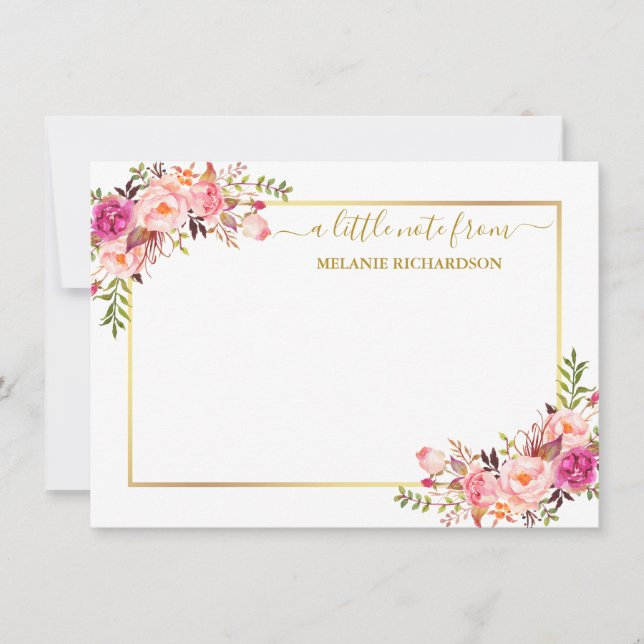 Elegant Gold Frame Watercolor Pink Blush Floral Card (Front)