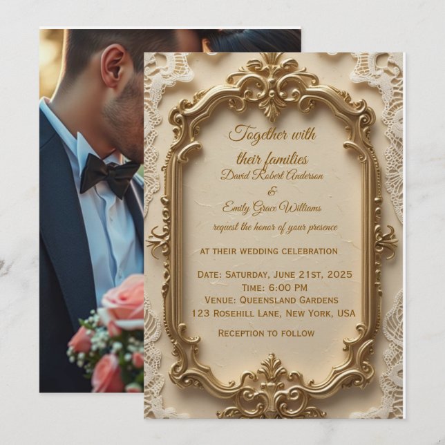 Elegant Gold Frame Wedding Invitation (Front/Back)