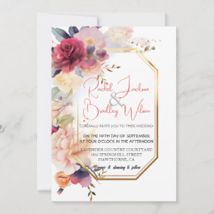 Elegant Gold Frame Wedding Vivid Floral Watercolor Invitation