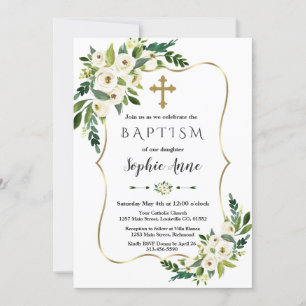 Elegant Gold Frame White Blooming Flowers Baptism Invitation