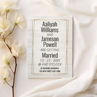 Elegant gold frame white wood typography Wedding Invitation