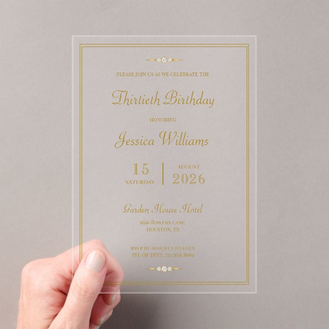Elegant Gold Framed Birthday Party Acrylic Invitations (Insitu (Handheld))