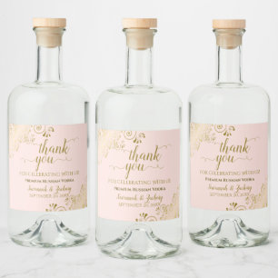 Elegant Gold Frills Blush Pink Wedding Thank You Liquor Bottle Label
