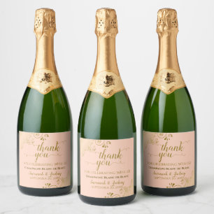 Elegant Gold Frills Coral Peach Wedding Thank You Sparkling Wine Label