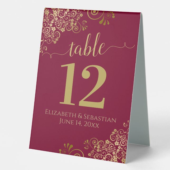 Elegant Gold Frills Maroon Burgundy Wedding Number (Front)