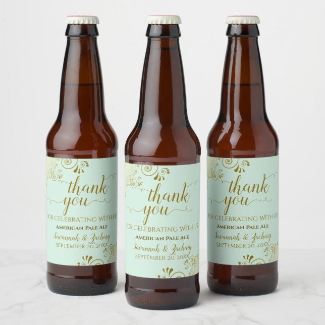 Elegant Gold Frills Mint Green Wedding Thank You Beer Bottle Label (Bottles)