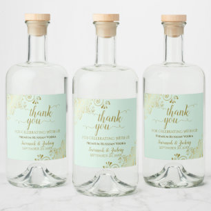 Elegant Gold Frills Mint Green Wedding Thank You Liquor Bottle Label