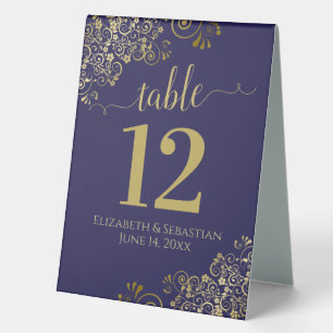 Elegant Gold Frills Navy Blue Wedding Table Number