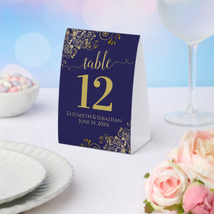 Elegant Gold Frills Navy Blue Wedding Table Number