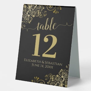Elegant Gold Frills on Black Wedding Table Number