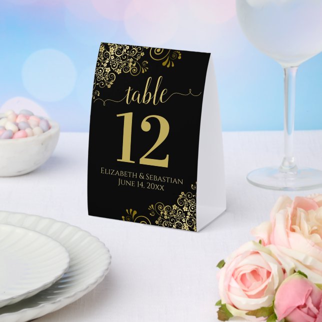 Elegant Gold Frills on Black Wedding Table Number (Insitu(Wedding))