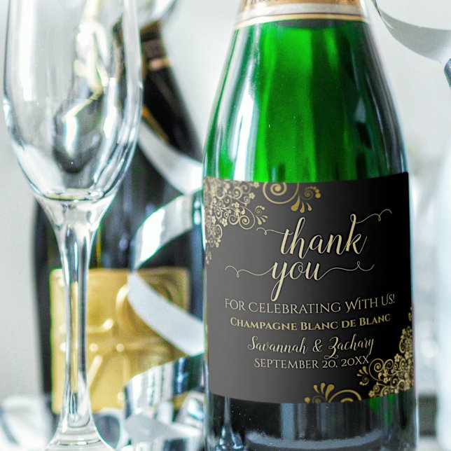 Elegant Gold Frills on Black Wedding Thank You Sparkling Wine Label (Creator Uploaded)