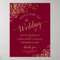 Elegant Gold Frills on Burgundy Wedding Welcome