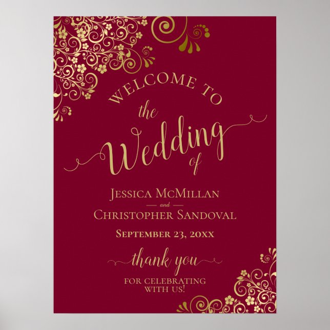 Elegant Gold Frills on Burgundy Wedding Welcome Poster (Front)