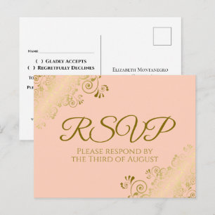 Elegant Gold Frills on Coral Peach Wedding RSVP Postcard