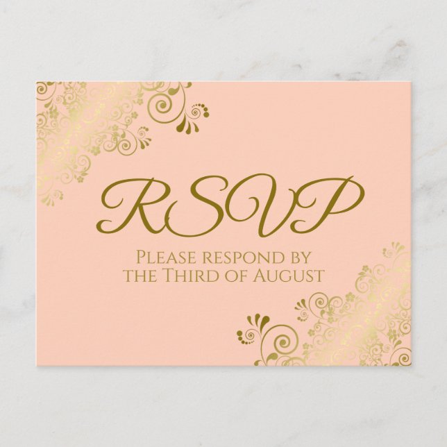 Elegant Gold Frills on Coral Peach Wedding RSVP Postcard (Front)