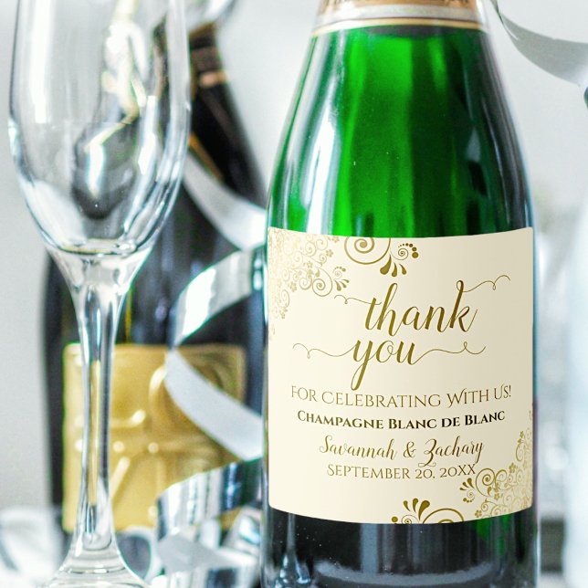 Elegant Gold Frills on Cream Wedding Thank You Sparkling Wine Label (Creator Uploaded)