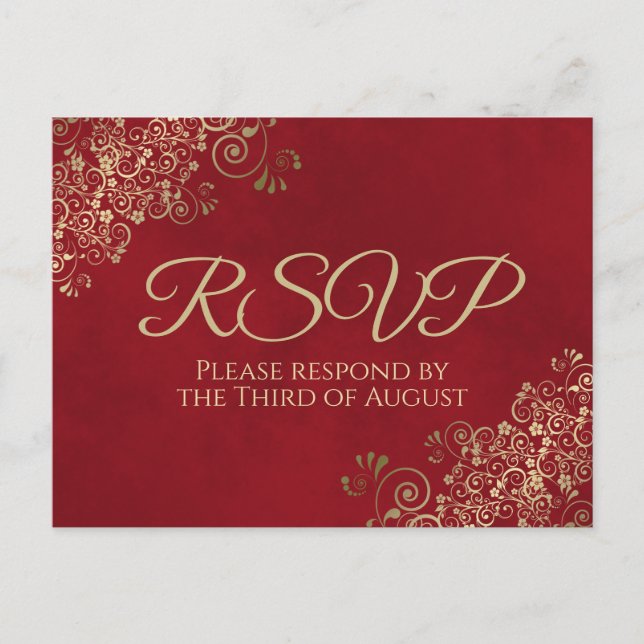 Elegant Gold Frills on Crimson Red Wedding RSVP Postcard (Front)