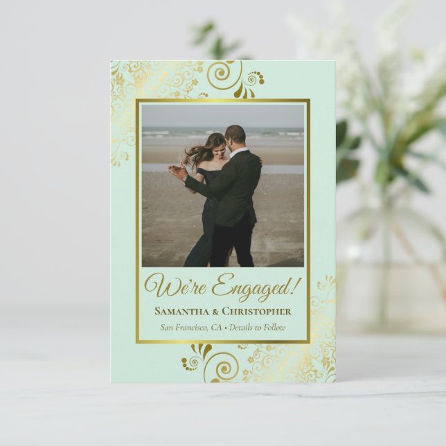 Elegant Gold Frills on Mint Green Photo Engagement Announcement (Standing Front)