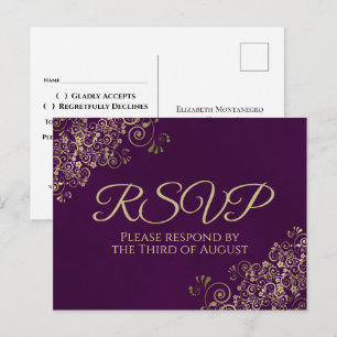 Elegant Gold Frills on Plum Purple Wedding RSVP Postcard
