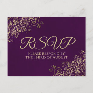 Elegant Gold Frills on Plum Purple Wedding RSVP Postcard