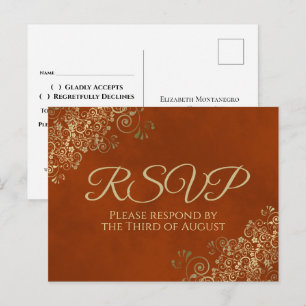 Elegant Gold Frills on Rust Orange Wedding RSVP Postcard