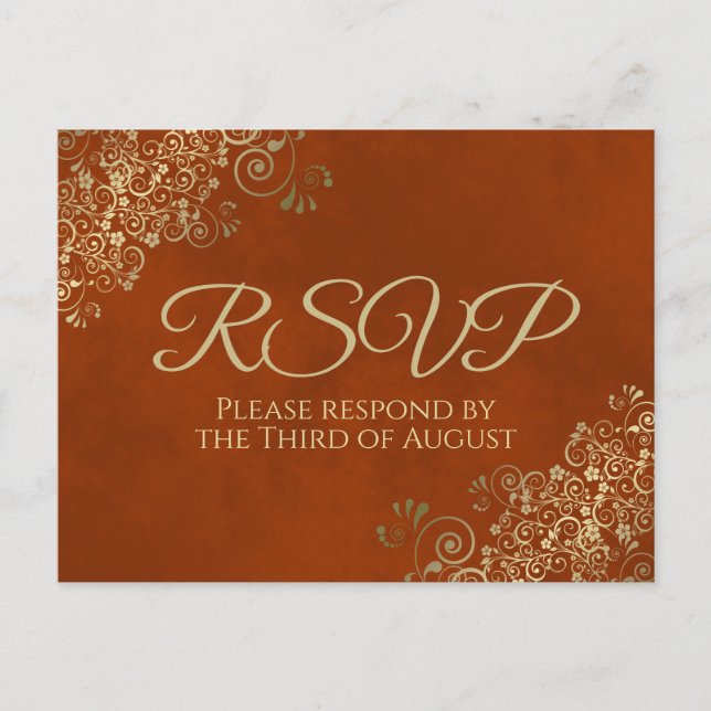 Elegant Gold Frills on Rust Orange Wedding RSVP Postcard (Front)