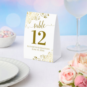Elegant Gold Frills on White Wedding Table Number