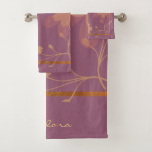 Elegant Gold Fuchsia Abstract Floral Patern Bath Towel Set