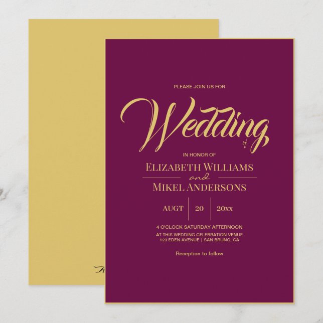 Elegant Gold Fuchsia Budget Wedding Invitation (Front/Back)