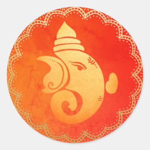 Elegant Gold Ganapati Indian Hindu God Red Classic Round Sticker