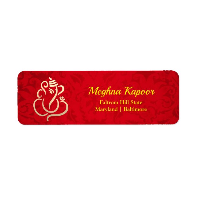 Elegant Gold Ganesh/ Indian God Damask Red Label (Front)