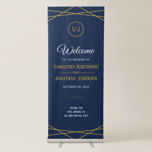 Elegant Gold Geometric Dark Blue Wedding Welcome Retractable Banner