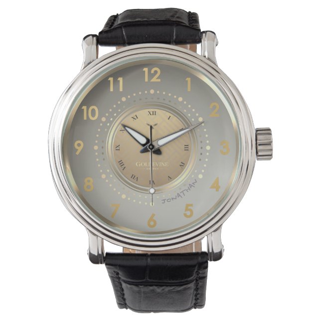 Elegant Gold Geometric Dark Leather Sleek Custom Watch (Front)