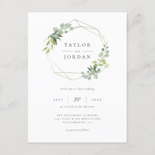 Elegant Gold Geometric Eucalyptus Greenery Wedding Invitation Postcard