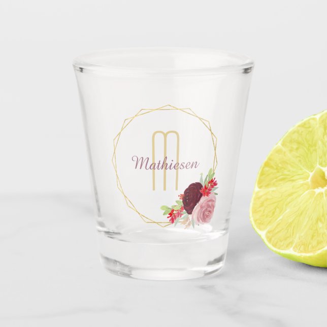 Elegant Gold Geometric Floral Frame Monogram Shot Glass (Front)