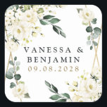 Elegant Gold Geometric Floral Greenery Wedding Square Sticker<br><div class="desc">Design features an elegant printed gold coloured geometric frame decorated with watercolor flowers in neutral shades, such as - white, ivory, champagne, and more. The floral elements consist of roses, peonies, hydrangea and baby's breath. This modern template also features greenery, eucalyptus, leaf elements and more for a very unique look...</div>