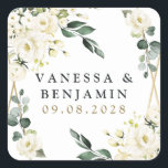 Elegant Gold Geometric Floral Greenery Wedding Square Sticker<br><div class="desc">Design features an elegant printed gold coloured geometric frame decorated with watercolor flowers in neutral shades, such as - white, ivory, champagne, and more. The floral elements consist of roses, peonies, hydrangea and baby's breath. This modern template also features greenery, eucalyptus, leaf elements and more for a very unique look...</div>