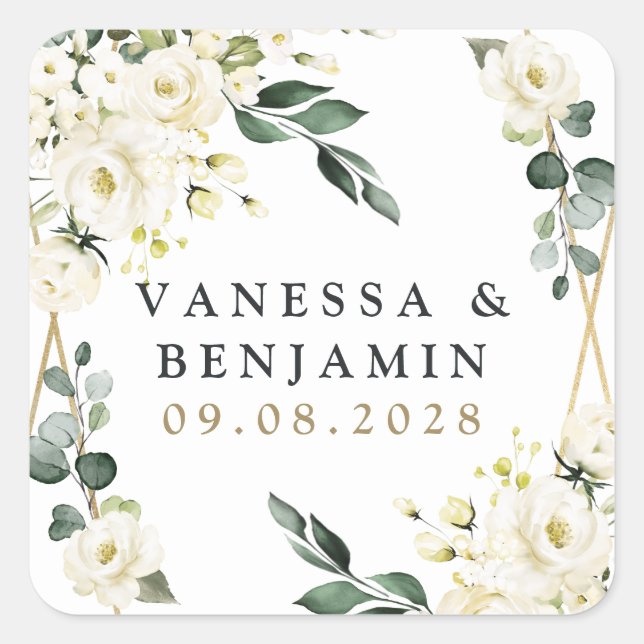 Elegant Gold Geometric Floral Greenery Wedding Square Sticker (Front)
